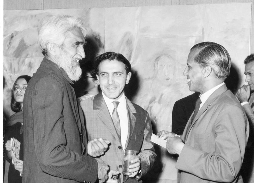 Husain, Alkazi, and Shiv Kapur at Tyeb Mehta’s one man show opening at Kumar Gallery 1966